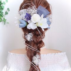 送料無料 フラワー ヘッドドレス 花 ブライダル 結婚式 成人式  ブルー 青 水色 白 リボン  髪飾り かすみ草