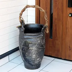 信楽焼 陶器 やきもの 壷 玄関 傘入れ 黒ビードロつる付き傘立て kt-0312