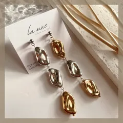 ＊ニュアンスメタル アシメ ゴールド×シルバー ハンドメイドピアス イヤリング ロング 軽い モード アレルギー対応