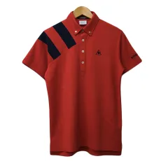 ルコックスポルティフ le coq sportif GOLF COLLECTION ポロシャツ プルオーバー ボタンダウン ロゴ 刺繍 ゴルフウェア 半袖 M 赤 紺 レッド ネイビー