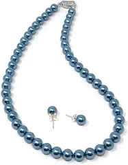 K&R パールネックレス 8mm珠 日本製 冠婚葬祭 結婚式 カジュアル 2点セット( 瑠璃色,  42Cm ピアス)