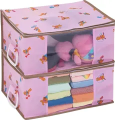 【在庫セール】アストロ おもちゃ 収納ケース ピンク ワンちゃん柄 2個組 不織布 ぬいぐるみ収納 衣類収納 おもちゃ箱 折りたたみ 透明窓 持ち手付き 618-52