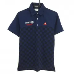【超美品】ルコックゴルフ 半袖ポロシャツ ネイビー×ダークネイビー 一部ブロックチェック胸元ロゴ メンズ M ゴルフウェア le coq sportif