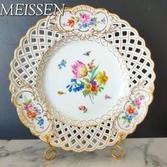 24㎝★マイセン 昆虫 ピアスエッジ 透かしプレート ピンクローズ 金彩 希少品 24㎝☆マイセン ピンクローズ ピアスエッジ 昆虫 金彩 透かし