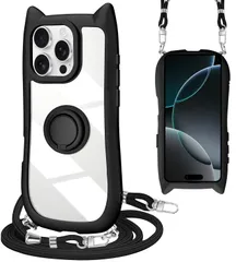 新品 iPhone 13 Pro Max ケース ショルダー クリア カバー リング付き 隠しスタンド 猫耳 ネコミミ 背面ガラス かわいい おしゃれ スタンド付き ストラップホール アイフォン13プロマックス スマホケース 多機能 全面保護 落下防止（ブラッ
