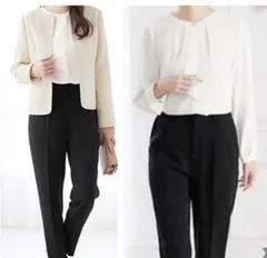 Ｔ545　＊21号 新品 ノーカラージャケット　ブラウス、パンツ　3点セットスーツ ベージュ