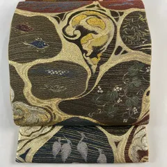 袋帯 名品 動物 葉と実 箔 茶緑色 六通 正絹 【中古】