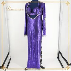 ベリーダンス 衣装 バラディドレス ワンピース ドレス パープル系 紫 ブラック系 黒 柄 模様 スパンコールラメ スリット イベント 発表会 舞台 コスチューム 舞台衣装 衣装セット ダンス衣装 光沢 鮮やか ロングドレス セクシー ドレスアップ