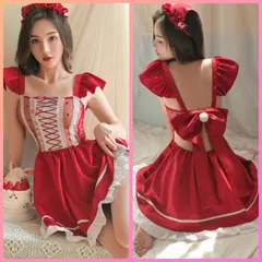 【新作☆新品☆ラスト１点❗】リボンメイド♥️ロリータ　可愛い　セクシー　いちご　二次元　メイドコスチューム　イベント　撮影会　プレゼント　髪飾り付　ビックリボン付　バレンタインランジェリー