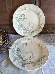 フランス アンティーク　ジアン　GIEN　鳥模様付き　　陶器　　1900年　　2枚セット