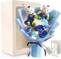 Capiner 笑顔輝く 花束 ソープフラワー LED 誕生日 プレゼント 結婚祝い 女性 くま 薔薇 造花 メッセージカード ショップバッグ付(ブルー)