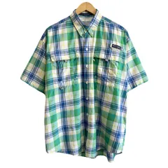 Columbia コロンビア PFG アウトドアシャツ フィッシングシャツ ボタンダウンシャツ チェック柄 ポケット付き 半袖シャツ 白×黄緑×青×黄色 Mサイズ No.Y187