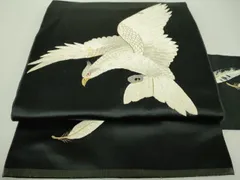 平和屋着物●アンティーク　大正ロマン　九寸名古屋帯　総刺繍　白鷹　黒地　金糸　正絹　逸品　DAAU5305ps