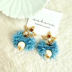 大人気 ビジュースター×デニムフリンジ コットンパール ピアス/イヤリング