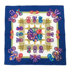 【名古屋】エルメス カレ90 LES RUBANS DU CHEVAL 馬のリボン スカーフ シルク ブルー マルチカラー 小物 レディース