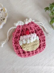 かぎ編み巾着袋　カップケーキ　ピンク ワッフル編み