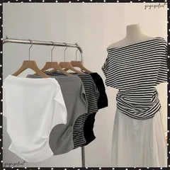 オフショルダーカットソー サイドギャザー ワンショルダーtシャツ レディース ボートネック 肩見せTシャツ 薄手夏t 大人カジュアル 半袖夏服 ボーダーtシャツ 肩出しトップス無地 シンプルカットソー 韓国風T無地着やせ