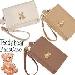 ちょこんとおすわり ベア パスケース リール付き 定期入れ, くま テディベア プレート付き かわいい クマ 定期入れ 学生 通勤 小物入れ 小銭入れ