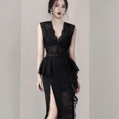 ペプラム　キャバドレス  ワンピース　ベルト付き　レース　黒のセクシーなスプリットスリムミディドレス女性エレガントな v ネックボディコンノースリーブ