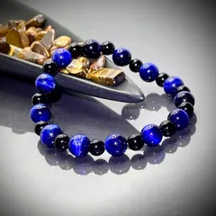 ◇ L-308 天然石ブレスレット　マリンブルータイガーアイ　ブラックオニキス　6〜8mm  16cm  パワーストーン　金運　仕事運　厄除け　開運　運気UP お守り