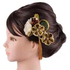 髪飾り 成人式 つまみ細工 ゴールド 振袖 前撮り 袴 花 黄色 からし色 ベージュ 肌色 白 ちりめん 房 組紐 ビーズ 小さい 2点 No.9-5619