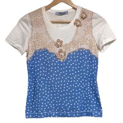 BLUMARINE(ブルマリン) 半袖Tシャツ レディース - 白×ライトブルー×ベージュ クルーネック/フラワー(花)/ビジュー/ドット柄