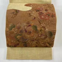 【美品】 袋帯 秀品 紬地 孔雀 草花 相良刺繍 赤茶 お太鼓柄 正絹 【中古】