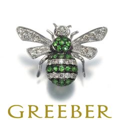 グリーンガーネット 0.18ct ダイヤ 蜂 ピン ブローチ K18WG/ブラックコーティング/合金  #171189