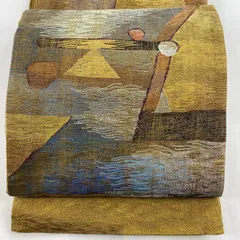 【美品】 袋帯 秀品 関西仕立て 波 幾何学模様 金通し 黄土色 お太鼓柄 正絹 【中古】