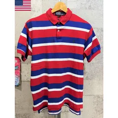 USA製 90’S ポロラルフローレン ボーダー 半袖 ポロシャツ L 赤青白 メンズ POLO RALPHLAUREN ワンポイント 米国製