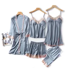 ☆ ブルーグレー ☆ XLサイズ ☆ パジャマ五点セット lypaj1 ルームウェア レディース セット 5点 5点セット ネグリジェ ナイトウェア サテン 上下セット ガウン キャミソール ショートパンツ パンツ ワンピース カップ付き おしゃれ お洒落