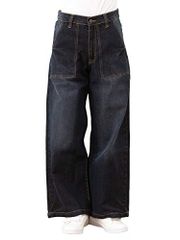 Size:LL_Color:ネイビー (デニム) [ハッピー ホヌ] ジーンズ レディース ベイカーパンツ ワイド ストレッチ ハイウエスト 大きいサイズ M-4L オールシーズン ボトムス デニム カジュアル LL NE