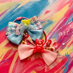 24 ハンドメイド　水色　ピンク　ユニコーン　くま リボン　スイーツ　ヘアアクセサリー　ヘアゴム　女の子　キッズ　子供　おしゃれ　誕生日　プレゼント　クリスマス　保育園　幼稚園　小学生