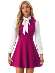 Allegra K オフィスドレス エレガントワンピース コントラスト フリル スタンドカラー ボウネクタイ パフスリーブ レディース パープル S