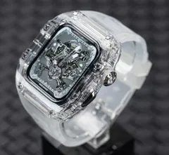 45mm用★クリア&シルバー★アップルウォッチバンド ラバーベルト カバー　Apple Watch クリア ケース 4 5 6 7 8 9 se スポーツ メンズ レディース