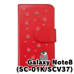 【新品未使用】SC-01K/SCV37 Galaxy Note8 ギャラクシー スマホケース 手帳型 (色：レッド×柄：ペンギンとスイカ)moimoikka ペンギン 動物 flip2-sc01k-rd-20139
