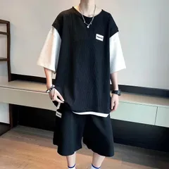 メンズ夏服セットアップレイヤードスウェット大きいサイズTシャツ半袖ハーフパンツおしゃれ上下セットゆったりjiqi01メンズ