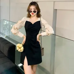 異素材 ドッキング 切り替え ボリューム袖 ワンピース キャバドレス キャバ ワンピ キャバ嬢ドレス キャバ 衣装 ミニ ミニ丈 ロング ロング丈 袖あり Vネック タイト シフォン スリット 透け感 シースルー 胸元 谷間 谷間魅せ 異素材MIX かわいい 