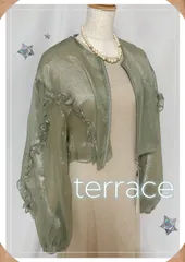169.新品タグ付き♡terrace テラス めちゃ豪華！フリルたっぷり♡ショート丈シアーシャイニーブルゾン カーキ♡秋 シアー素材 チュール ブルゾンフリル