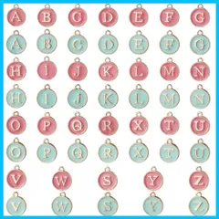 [SUNNYCLUE] 桜藍2セット エナメル イニシャル アルファベット チャーム ネックレス チャーム レター パーツ イヤリング 文字チャーム チョーカー ブレスレット 26文字セット A-Z柄 合金チャーム 丸メタル チャームパーツ アクセサリーパーツ