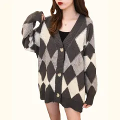 【人気商品】ASARANS カーディガン レディース ニット アウター 羽織り ボア トップス アーガイル Vネック 秋冬 フリーサイズ