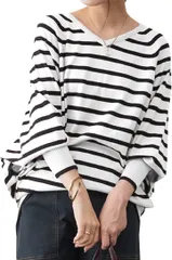 NEKORA ドルマン ニット 綿100 ボーダー セーター トップス レディース 冬服レディース ニットソー おしゃれ きれいめ かわいい 通学 オフィス カジュアルビジネス リブ編み リブセーター 深v(オフホワイトブラック,  LL-3L)