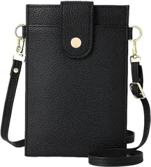 Four leaf スマホ 小銭 カードが入る スマホポーチ レディース 斜めがけ 携帯 ショルダー バッグ 縦型 軽量 レザー お財布 小銭入れ 一体型 ポシェット サコッシュ(ブラック)