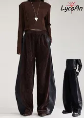 【LycoAn】レザーライン バレルレッグパンツ 個性的 流行り ワイドパンツ PUレザー 合成皮革 ロング ダーク系 暗黒系 モード系 体型カバー　【KBT】