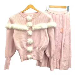 OFELIA セットアップ ニット カーディガン スカート ファー ウール混 長袖 ピンク 白 ホワイト