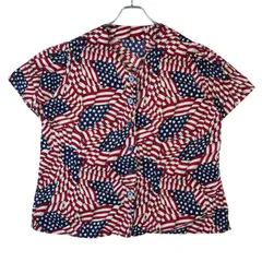 ヴィンテージvintageレディース半袖シャツノーカラーシャツ総柄シャツ派手デザイン個性的アメリカ星条旗ブルー青レッド赤ホワイト白vintageヴィンテージ40227