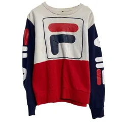 FILA ロゴスウェット トレーナー フィラ S ホワイト ネイビー 袖プリント プルオーバー 古着卸 アメリカ仕入 a701-6198