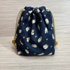 マチ付き巾着袋 ポケット付き 和柄 ねこ 紺 小物入れ ポーチ ☆ ハンドメイド 道具入れ