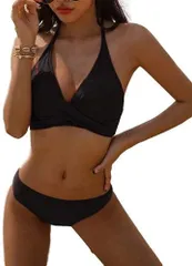 ISLAYCAOLILA ビキニ 水着 ホルターネック カシュクール スイムドレス 三角 ストラップ セパレート パッド入り ワイヤーなし レディース CD6(ブラック,  S)