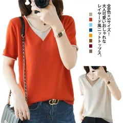 Tシャツ Vネック ニット レディース トップス 半袖Tシャツ サマーニット プルオーバー 重ね着風 無地 レイヤード風 フィット 薄手 送料無料 ストレッチ性 ゆったり 柔らかい お洒落 シンプル #holy689